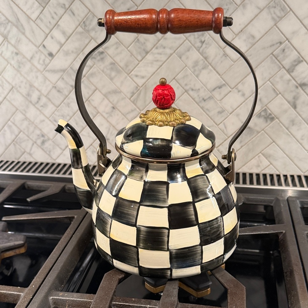 MacKenzie-Childs Black and White Checkered Teapot with Red Knob